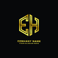 Initial letter EH, minimalist line art monogram hexagon logo, gold color
