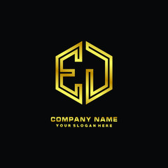 Initial letter EJ, minimalist line art monogram hexagon logo, gold color