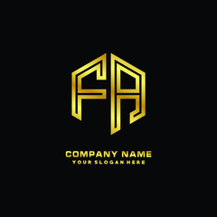 Initial letter FA, minimalist line art monogram hexagon logo, gold color