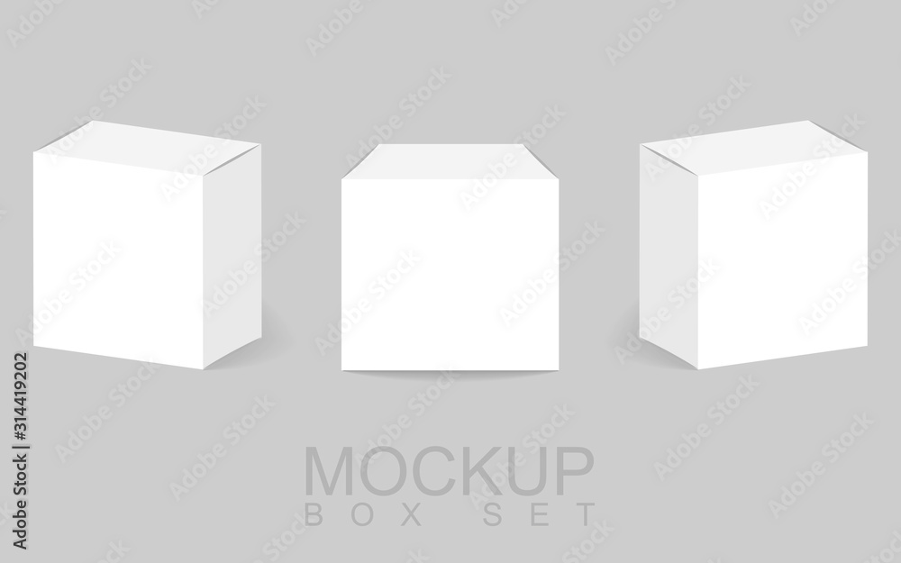 Poster blank cardboard package boxes mockup. box set. three templates, layout of boxes in different positio