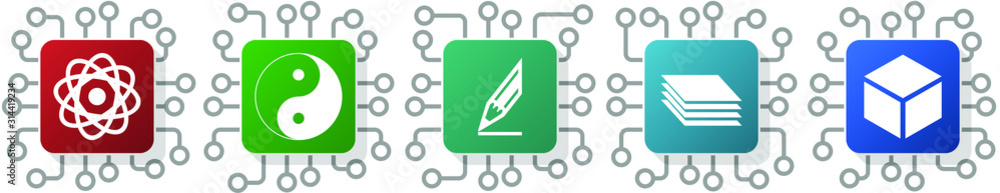 Aufkleber set of science, yang, ying, cube and drawing icons for webdesign and mobile applications, cpu, chip 