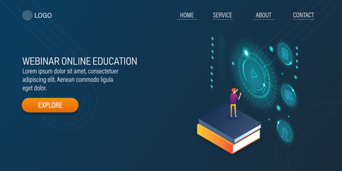 Online education, webinar, digital training, e-learning and tutorial concept. Student interacting with digital webinar. Hud design isometric concept.