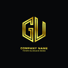 Initial letter GU, minimalist line art monogram hexagon logo, gold color