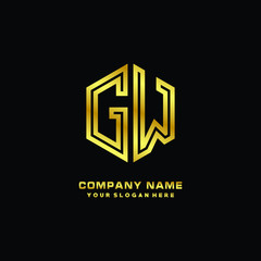 Initial letter GW, minimalist line art monogram hexagon logo, gold color