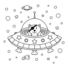 Alien cat pirate in a spaceship in a star galaxy. Cute cosmonaut cat in outer space. Vector outline illustration on the space theme in childish style for coloring book and page.