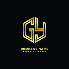 Initial letter GY, minimalist line art monogram hexagon logo, gold color