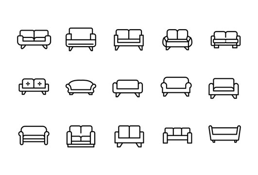 Set of sofa related vector line icons.
