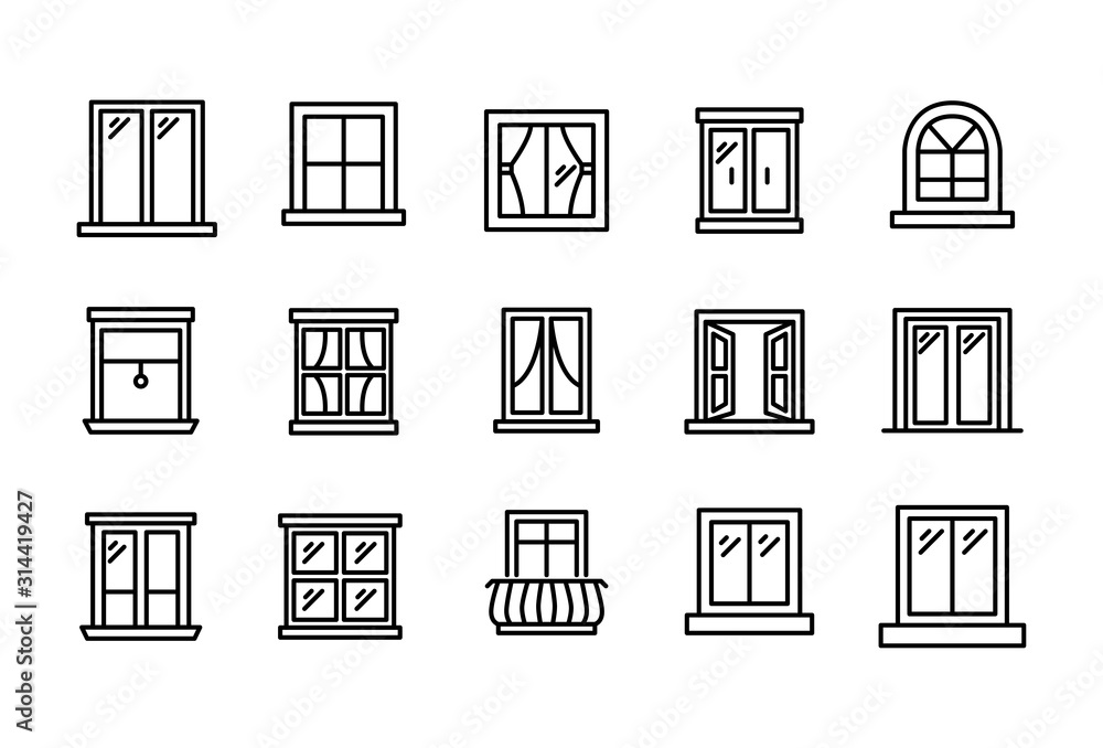 Poster set of window related vector line icons.
