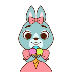 Rabbit with a bow on her head in a pink dress with ice cream. Print for greeting card, nursery decoration. Cartoon animal character vector illustration solated on white background.