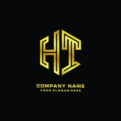 Initial letter HT, minimalist line art monogram hexagon logo, gold color