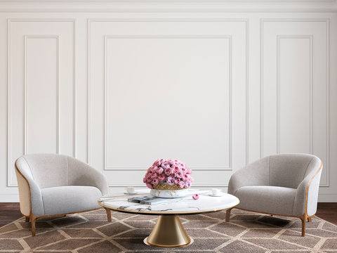 Classic white interior with armchairs, coffee table, flowers and wall moldings. 3d render illustration mockup.
