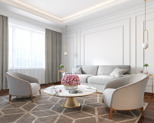 Classic white interior with sofa, armchairs, coffee table, carpet, flowers and wall moldings. 3d render illustration mockup.