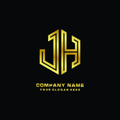 Initial letter JH, minimalist line art monogram hexagon logo, gold color