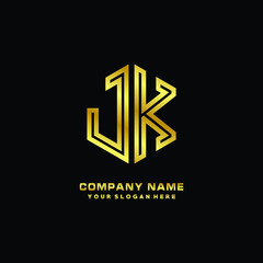 Initial letter JK, minimalist line art monogram hexagon logo, gold color