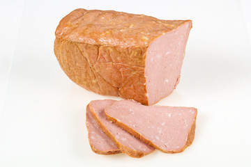 Tasty meat sausages over white background