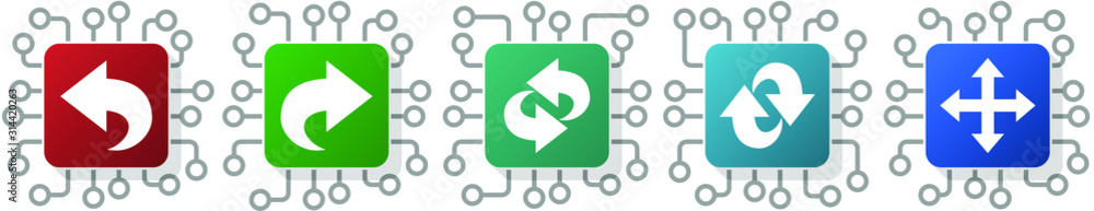 Poster Set of arrow, right, next and direction icons for webdesign and mobile applications, cpu, chip concept vector illustration