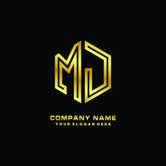 Initial letter MJ, minimalist line art monogram hexagon logo, gold color