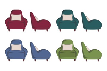 Retro armchair set. Soft upholstery chair, comfortable seat, lobby, lounge room, living, bedroom furniture. Vector flat style cartoon illustration isolated on white background, different views, color