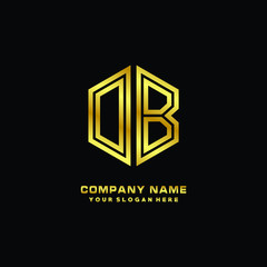 Initial letter OB, minimalist line art monogram hexagon logo, gold color
