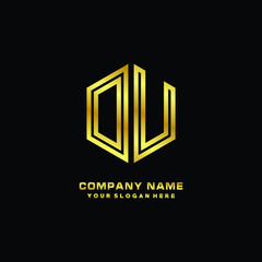 Initial letter OU, minimalist line art monogram hexagon logo, gold color