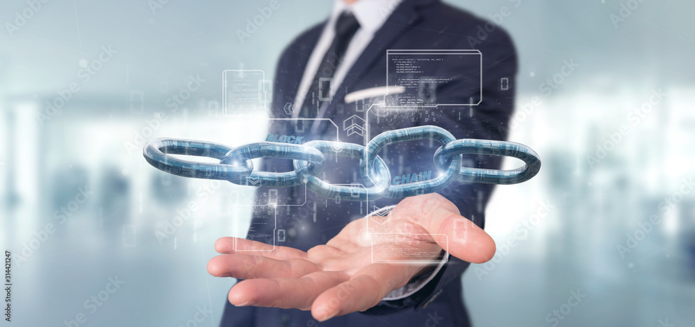 Poster businessman holding a virtual blockcahin with data - 3d rendering