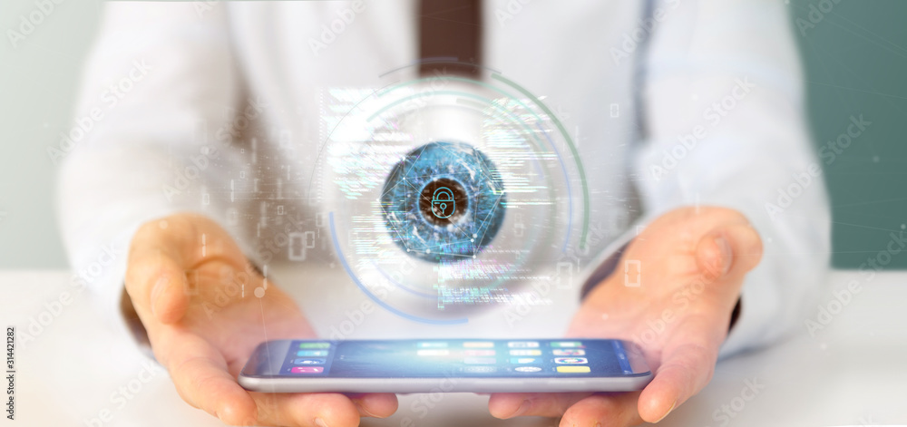 Aufkleber businessman holding a visual recognition eye concept with data - 3d rendering