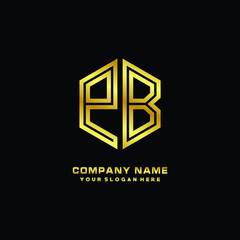Initial letter PB, minimalist line art monogram hexagon logo, gold color