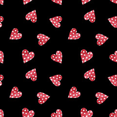 Seamless pattern with hearts on black background Watercolor illustration. Valentines day