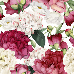 Seamless floral pattern with peonies, watercolor. Vector illustration.