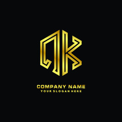 Initial letter QK, minimalist line art monogram hexagon logo, gold color