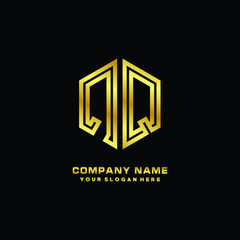Initial letter QQ, minimalist line art monogram hexagon logo, gold color