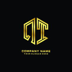 Initial letter QT, minimalist line art monogram hexagon logo, gold color