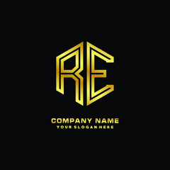 Initial letter RE, minimalist line art monogram hexagon logo, gold color