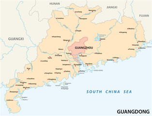 Map of the southern Chinese province of Guangdong with the most important cities