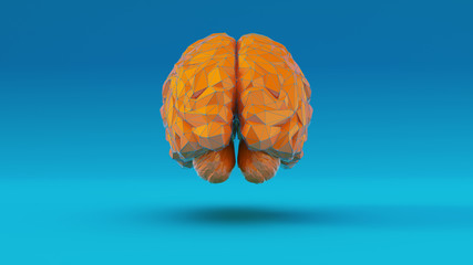 Orange Blue Cyber Brain Angular Artificial Intelligence with Blue Background Rear View 3d illustration 3d render