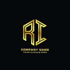 Initial letter RI, minimalist line art monogram hexagon logo, gold color