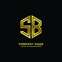 Initial letter SB, minimalist line art monogram hexagon logo, gold color