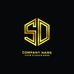 Initial letter SD, minimalist line art monogram hexagon logo, gold color