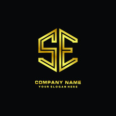Initial letter SE, minimalist line art monogram hexagon logo, gold color