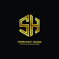 Initial letter SH, minimalist line art monogram hexagon logo, gold color