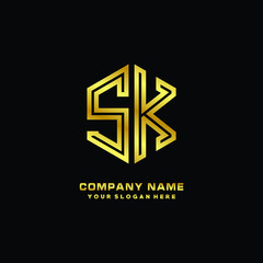 Initial letter SK, minimalist line art monogram hexagon logo, gold color