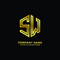 Initial letter SW, minimalist line art monogram hexagon logo, gold color