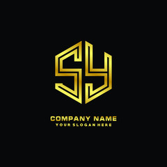 Initial letter SY, minimalist line art monogram hexagon logo, gold color