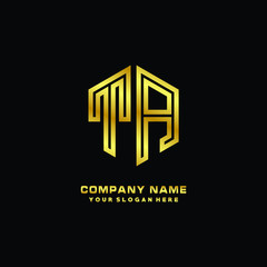 Initial letter TA, minimalist line art monogram hexagon logo, gold color