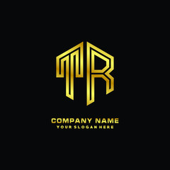 Initial letter TR, minimalist line art monogram hexagon logo, gold color