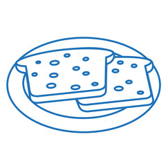 two bread toasts on a plate, blue linear icon on white isolated background