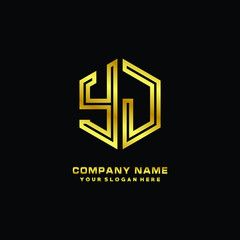 Initial letter YJ, minimalist line art monogram hexagon logo, gold color