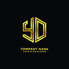 Initial letter YO, minimalist line art monogram hexagon logo, gold color