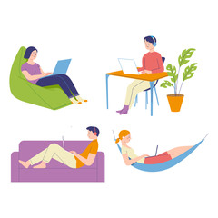 poses and style of people who relax but are still actively working on their laptops, the work concepts of freelancers and remote workers