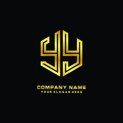 Initial letter YY, minimalist line art monogram hexagon logo, gold color